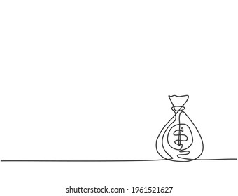 Single Continuous Line Drawing Of Bank Money Bag On The Floor. Minimalism Banking Economic Business Object Concept. Dynamic One Line Draw Graphic Design Vector Illustration