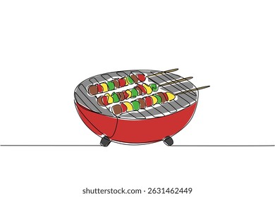 Single continuous line drawing barbecue grill with sliced ​​beef skewers and colorful peppers. A combination of delicious spicy sweet savory. National Barbecue Day. One line design vector illustration