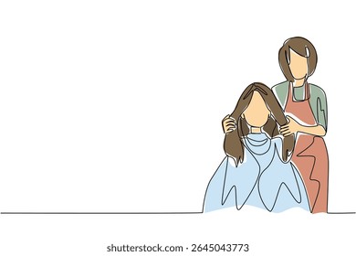 Uma única linha contínua desenhando um barbeiro sustenta o cabelo da mulher usando cobertura corporal. Seguindo a tendência. Dia Nacional de Conscientização sobre a Saúde Mental dos cabeleireiros. Ilustração de vetor de design de uma linha