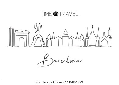 Single continuous line drawing of Barcelona city skyline, Spain. Famous city skyscraper landscape postcard. World travel concept wall decor poster art. Modern one line draw design vector illustration