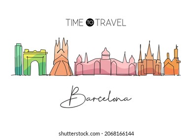 Single continuous line drawing of Barcelona city skyline, Spain. Famous city skyscraper landscape postcard. World travel concept wall decor poster art. Modern one line draw design vector illustration