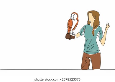 Single continuous line drawing barn owl perched on hand of woman. This animal has very sharp hearing. Hunter of the night who flies silently. Woman Holding Bird. One line design vector illustration