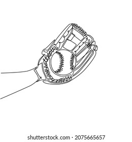 Single continuous line drawing baseball player hand holding ball with glove. Catcher concept. Sports equipment stock. Mitt holding baseball ball. One line draw graphic design vector illustration
