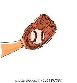 Single continuous line drawing baseball player hand holding ball and glove  Catcher concept  Sports equipment stock  Mitt holding baseball ball  One line draw graphic design vector illustration
