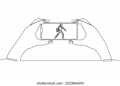 Single continuous line drawing basketball league live streaming. Man hands holding smartphone, watch spaceman basketball match online. Cosmonaut deep space. One line graphic design vector illustration