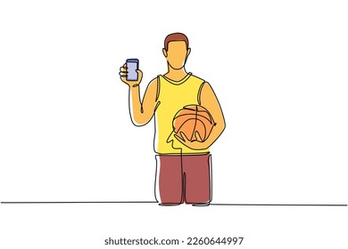 Single continuous line drawing basketball player holding basketball ball and smartphone. Smartphone with app basketball. Mobile sports stream championship to play. One line draw graphic design vector