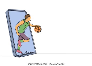Ein Basketballspieler mit kontinuierlicher Linienzeichnung, der mit Ball aus dem Smartphone-Bildschirm läuft und tropft. Smartphone mit App-Basketball. Dynamische Einzeilengrafik-Grafik, Vektorgrafik