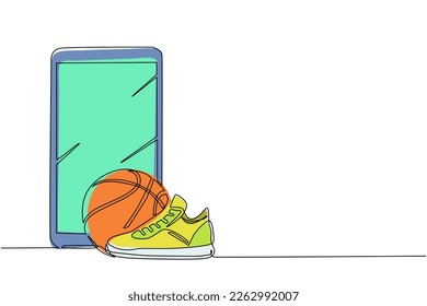 Single continuous line drawing basketball ball and shoes with smartphone. Sport equipment. Basketball stuff. Competitive and competition game. Active and healthy lifestyle. One line draw design vector