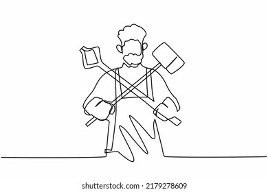 Single Continuous Line Drawing Bearded Blacksmith Standing Wearing Apron Holding Sledgehammer And Pliers Crossed. Worker Producing Steel Craft In Workshop. One Line Graphic Design Vector Illustration