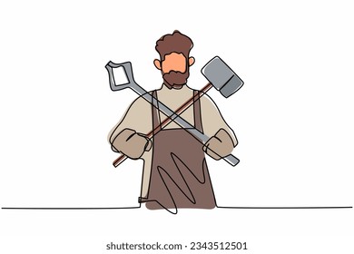 Single continuous line drawing bearded blacksmith standing wearing apron holding sledgehammer and pliers crossed. Worker producing steel craft in workshop. One line graphic design vector illustration