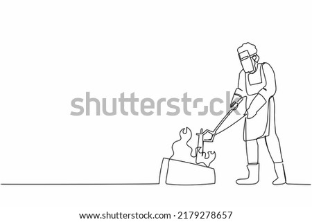 Single continuous line drawing bearded blacksmith wearing leather apron gloves and face shield heating iron sword piece in coal fire in his workshop. One line draw graphic design vector illustration