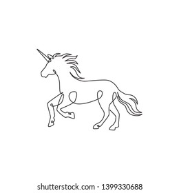 Single continuous line drawing of beautiful unicorn for corporate logo identity. Kids fantasy imagination creature concept for textile fashion print. Modern one line draw design vector illustration