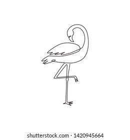 Single Continuous Line Drawing Of Beautiful Flamingo For National Zoo Logo. Flamingo Bird Mascot Concept For Conservation Park. Trendy One Line Draw Design Vector Graphic Illustration