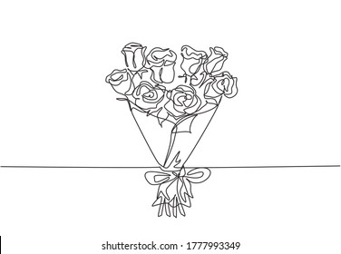 Single Continuous Line Drawing Of Beautiful Fresh Rose Flower Bouquet. Dynamic Beauty Greeting Card, Invitation, Logo, Banner, Poster Concept One Line Draw Design Graphic Vector Illustration