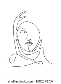 Una línea contínua dibujando hermosa imagen estética de la cara abstracta de la mujer. Espléndida silueta femenina en el concepto de estilo hijab minimalista. Ilustración gráfica del vector de diseño de una línea de moda