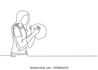 Single continuous line drawing beautiful young woman holding and kissing piggy bank. Wealth symbol and saving campaign concept for teenager. Dynamic one line draw graphic design vector illustration