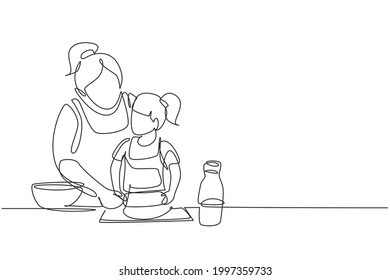 Single Continuous Line Drawing Beautiful Young Mom And Her Cute Little Daughter Are Playing And Smiling While Baking In Kitchen At Home. Dynamic One Line Draw Graphic Design Vector Illustration