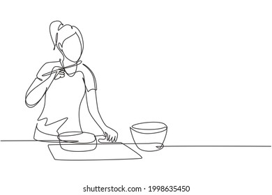 Single Continuous Line Drawing Beautiful Woman Mixing Tomato Sauce, Tasting, And Relish Meal With Wooden Spatula. Prepare Food At Cozy Kitchen. Dynamic One Line Draw Graphic Design Vector Illustration