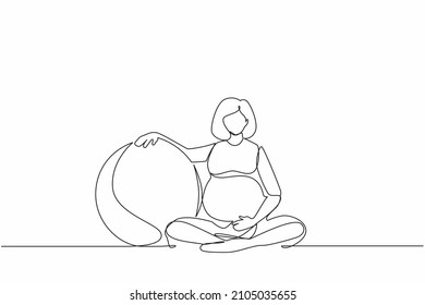 Single continuous line drawing beautiful pregnant woman exercising at home with pilates ball. Pregnant girl in sports suit with fitball. Healthy pregnancy. One line graphic design vector illustration