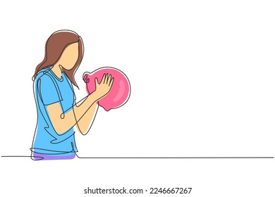 Single continuous line drawing beautiful young woman holding and kissing piggy bank. Wealth symbol and saving campaign concept for teenager. Dynamic one line draw graphic design vector illustration