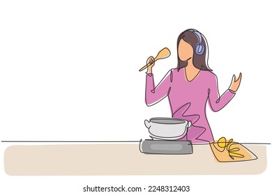 Single continuous line drawing beautiful wife begin prepare family dinner singing like rock star with kitchenware and overjoyed music playlist. Dynamic one line draw graphic design vector illustration