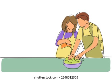 Single continuous line drawing beautiful young wife helping her husband make dough by adding olive oil. Pastry preparation in cozy kitchen at home. One line draw graphic design vector illustration