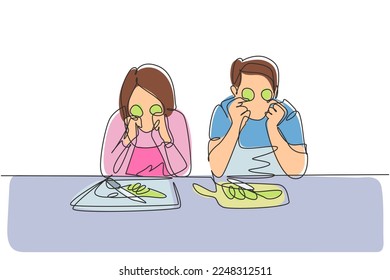 Single continuous line drawing beautiful wife and her handsome husband are holding slices of cucumber and smiling while cooking in kitchen at home. One line draw graphic design vector illustration