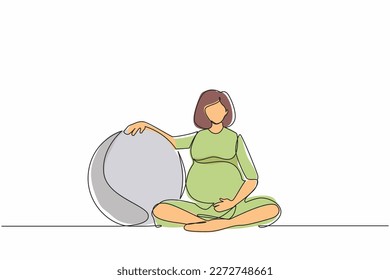 Una línea continua dibujando a una hermosa mujer embarazada haciendo ejercicio en casa con bola de pilates. Niña embarazada con traje deportivo y fitball. Embarazo saludable. Ilustración vectorial de diseño gráfico de una línea