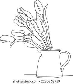 Single continuous line drawing of beautiful tulip flowers in a vase. Dynamic beauty greeting card, invitation, logo, banner, poster concept one line draw design graphic vector illustration