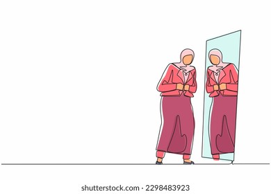 Single continuous line drawing beautiful Arabian businesswoman looking at mirror, look at herself, adjusting her shirt button of formal wear hijab, prepare herself for working. One line design vector