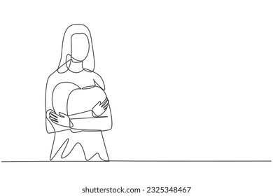 Single continuous line drawing of beautiful woman with casual shirt hugging a big pink heart shape in her chest. Concept of accepting marriage proposal from the man who loved. One line design vector