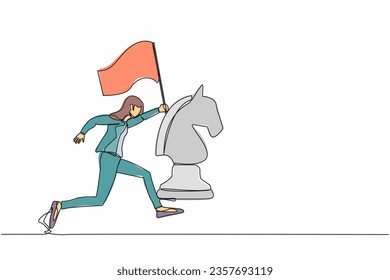 Una línea continua dibujando a una hermosa empresaria corriendo y sosteniendo la bandera al lado de un gran ajedrez. Celebrar el objetivo del logro de negocios, ganar la competencia. Ilustración vectorial de diseño de una línea