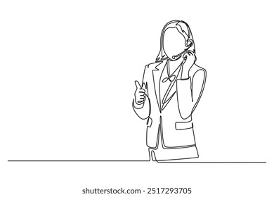 Single continuous line drawing beautiful female customer service worker standing and answering phone call from customer kindly. Helpdesk center care. One line draw graphic design vector illustration