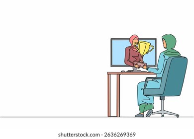 Single continuous line drawing beautiful Arabian businesswoman holds out golden cup from monitor to a happy office worker. Award in the online contest. One line draw graphic design vector illustration