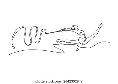 Single continuous line drawing beautiful girl, female rhythmic gymnast training with ribbon. Concept of action, motion, sport, motivation, competition. One line draw graphic design vector illustration