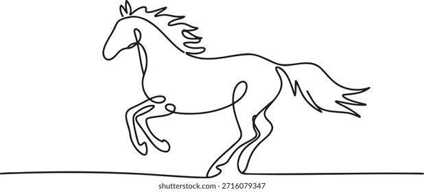 Desenho de linha contínua única de um belo cavalo galopante tema equestre símbolo de liberdade animal gracioso executando silhueta pônei ilustração mínima vetor vida selvagem arte design elemento movimento conceito