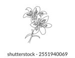 Single continuous line drawing beauty fresh lilium for garden logo. Printable decorative tiger lily flower for wall art home decoration poster. Dynamic one line draw graphic design vector illustration