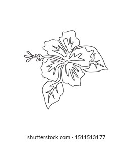 Single continuous line drawing of beauty fresh hibiscus for park logo. Printable decorative rose mallow flower concept wall home decor poster. Modern one line draw design graphic vector illustration