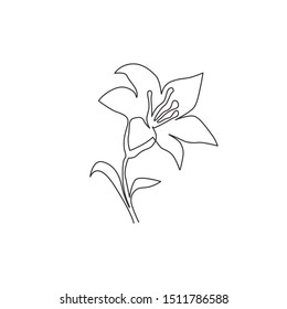 Single continuous line drawing of beauty fresh lilium for home wall decor poster. Printable decorative true lilies flower for greeting card ornament. Modern one line draw design vector illustration