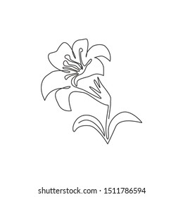 Single continuous line drawing of beauty fresh perennial lilium for home wall decor art. Printable poster decorative true lilies flower concept. Modern one line draw design graphic vector illustration