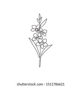 Single Continuous Line Drawing Of Beauty Fresh Evergreen Jasmine Flower For Home Wall Decor Art Print. Decorative Poster Jasminum Concept. Modern One Line Draw Design Vector Graphic Illustration