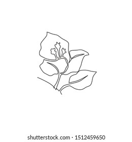 Single Continuous Line Drawing Of Beauty Fresh Bougainville For Home Wall Decor Art. Printable Decorative Poster Thorny Vine Flower For Greeting Card Ornament. One Line Draw Design Vector Illustration