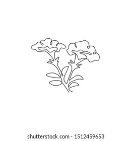 Single continuous line drawing of beauty fresh petunioideae for garden logo. Printable decorative petunia flower concept for home wall decor poster art. Modern one line draw design vector illustration