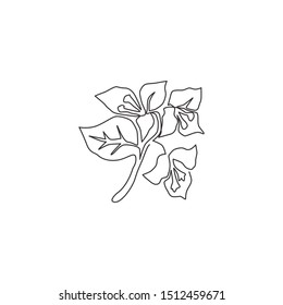 Single continuous line drawing of beauty fresh bougainville for home wall decor poster art. Printable decorative thorny vine flower concept. Modern one line draw design vector graphic illustration