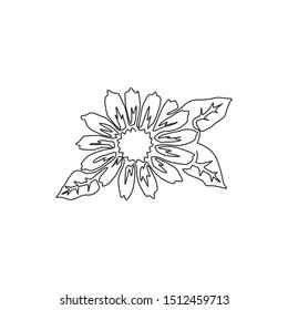 Single continuous line drawing of beauty fresh marigold for home wall decor poster. Printable decorative calendula flower for wedding card invitation. Modern one line draw design vector illustration
