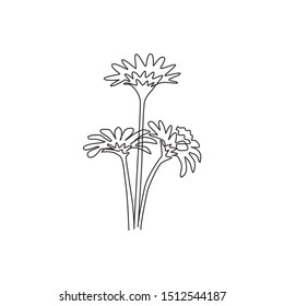 Single continuous line drawing of beauty fresh asteraceae for garden logo. Printable decorative aster flower concept for wall art home decor poster. Trendy one line draw design vector illustration
