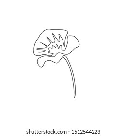 Single continuous line drawing of beauty fresh flowering plant for poster wall decor home art. Printable decorative poppy flower for wedding invitation card. One line draw design vector illustration
