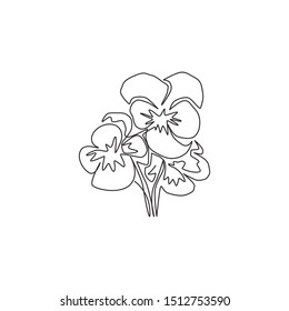 Single continuous line drawing of beauty fresh viola hybrid plant for wall art home decor poster. Printable decorative pansy flower for greeting card ornament. One line draw design vector illustration