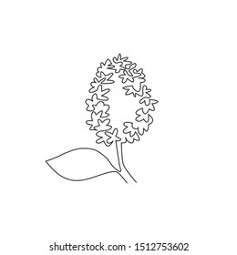 Single continuous line drawing beauty fresh syringa vulgaris for home decor poster print wall art. Printable decorative lilac flower wedding invitation card. One line draw design vector illustration