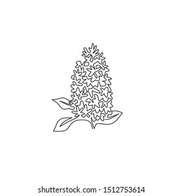 Single continuous line drawing beauty fresh syringa vulgaris for wall decor home art poster print. Printable decorative lilac flower for green park. Modern one line draw design vector illustration